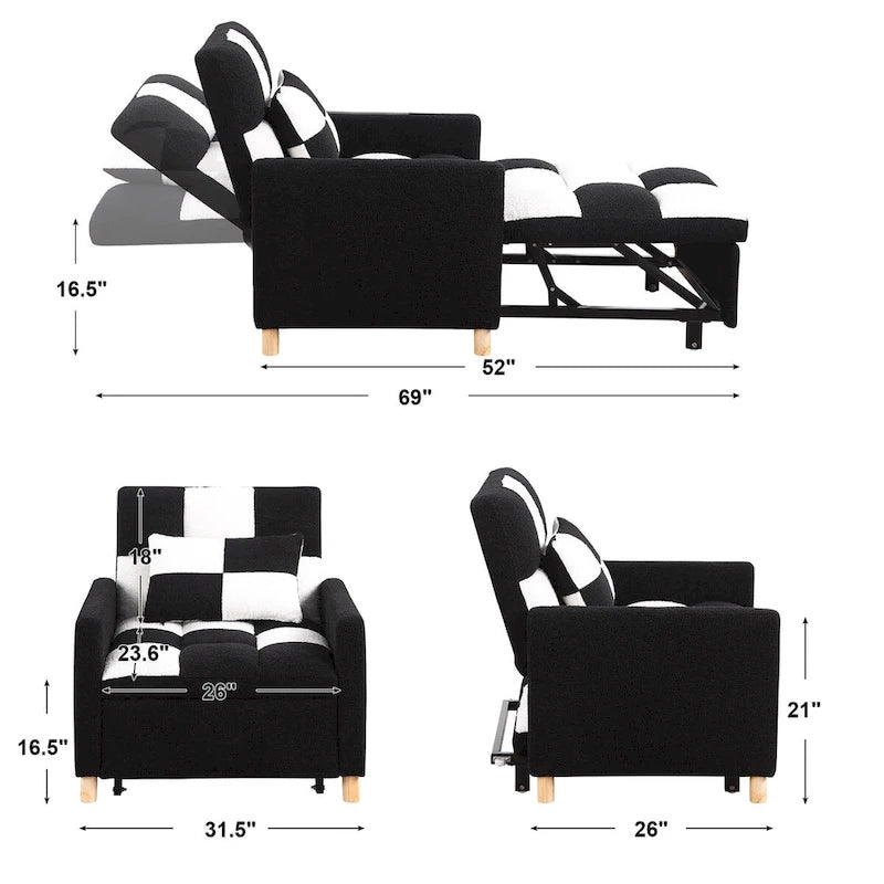 Fauteuil lit convertible 3-en-1, canapé simple (noir blanc)