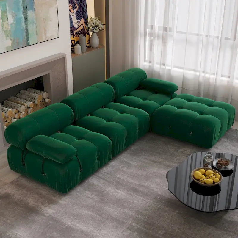 Canapé d'angle 104 places, Canapé minimaliste en velours avec méridienne réversible et pouf.