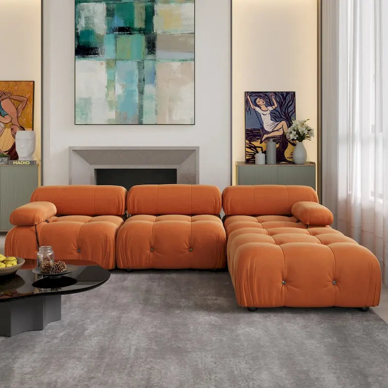 Canapé d'angle 104 places, Canapé minimaliste en velours avec méridienne réversible et pouf.
