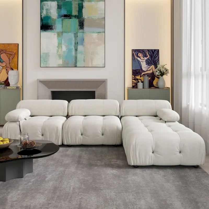 Canapé d'angle 104 places, Canapé minimaliste en velours avec méridienne réversible et pouf.