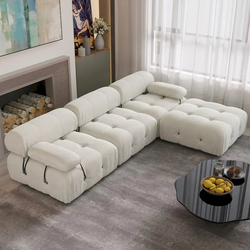 Canapé d'angle 104 places, Canapé minimaliste en velours avec méridienne réversible et pouf.