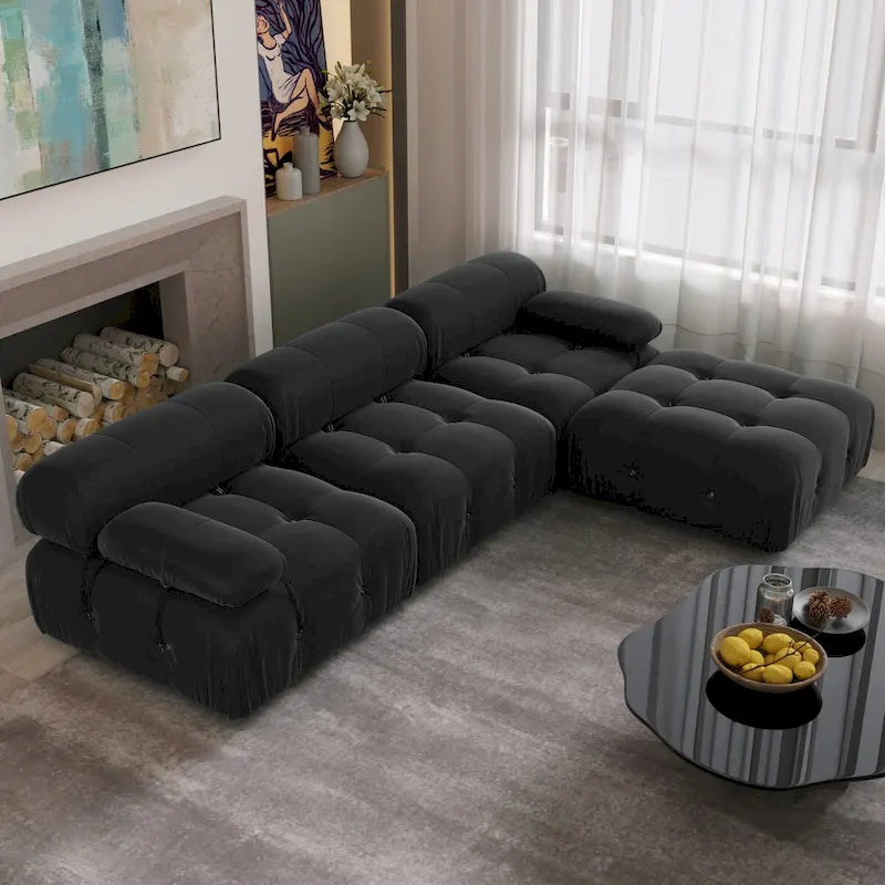 Canapé d'angle 104 places, Canapé minimaliste en velours avec méridienne réversible et pouf.
