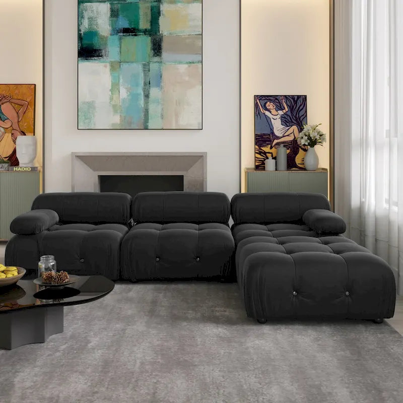 Canapé d'angle 104 places, Canapé minimaliste en velours avec méridienne réversible et pouf.