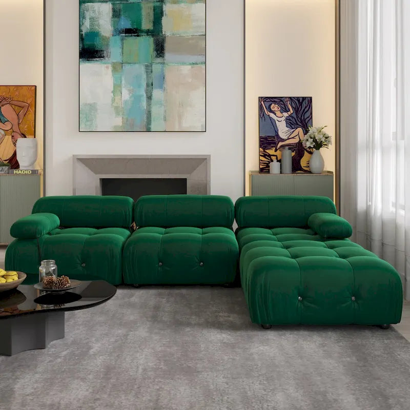 Canapé d'angle 104 places, Canapé minimaliste en velours avec méridienne réversible et pouf.