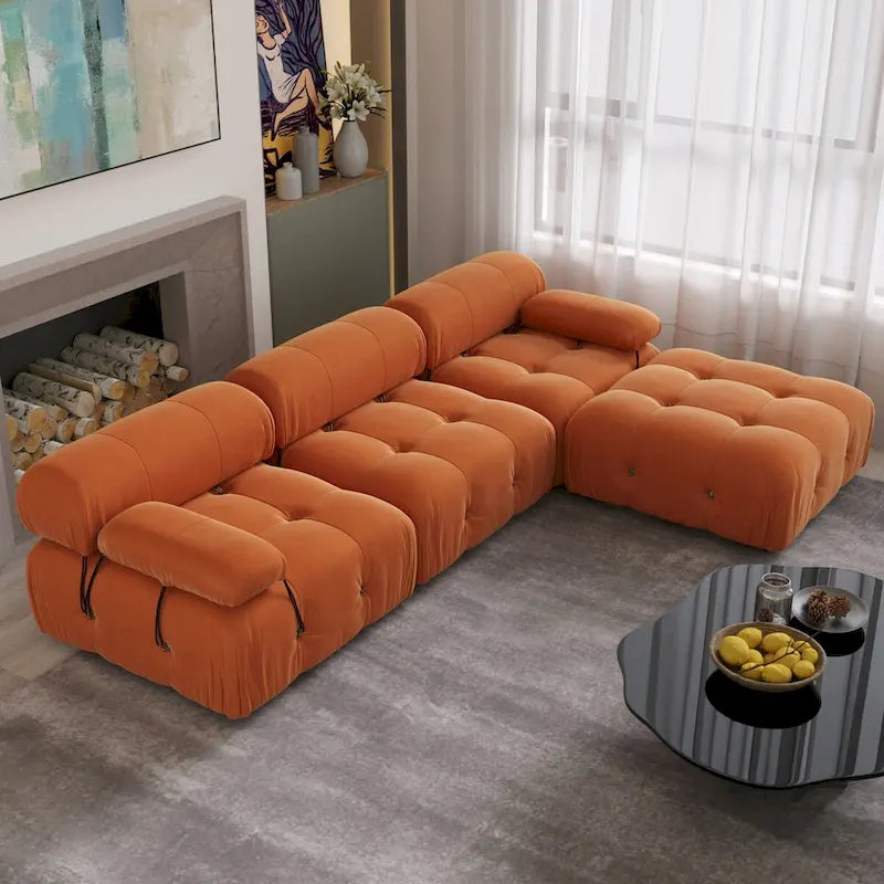 Canapé d'angle 104 places, Canapé minimaliste en velours avec méridienne réversible et pouf.