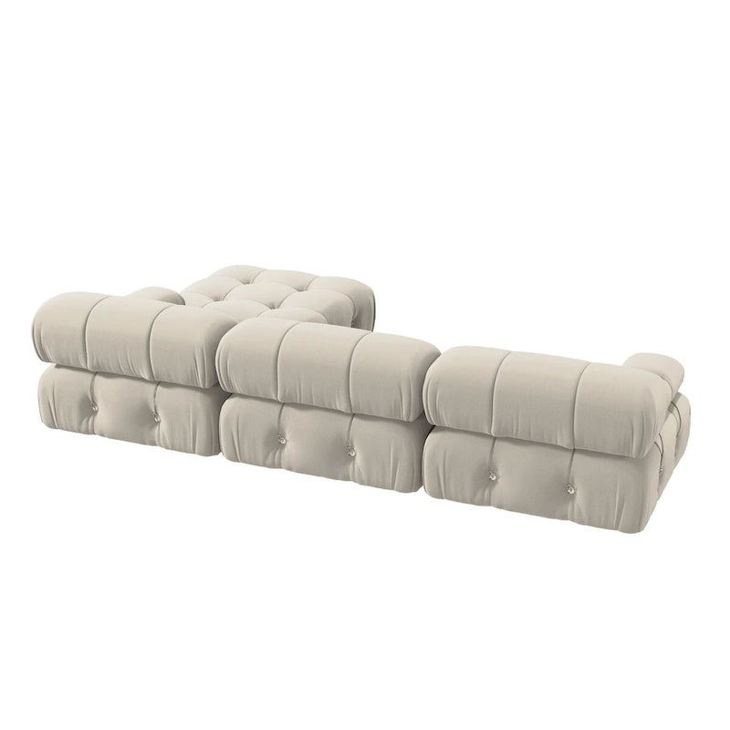 Canapé d'angle 104 places, Canapé minimaliste en velours avec méridienne réversible et pouf.