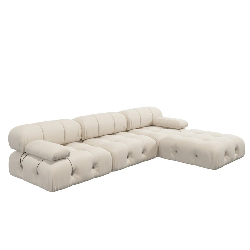 Canapé d'angle 104 places, Canapé minimaliste en velours avec méridienne réversible et pouf.