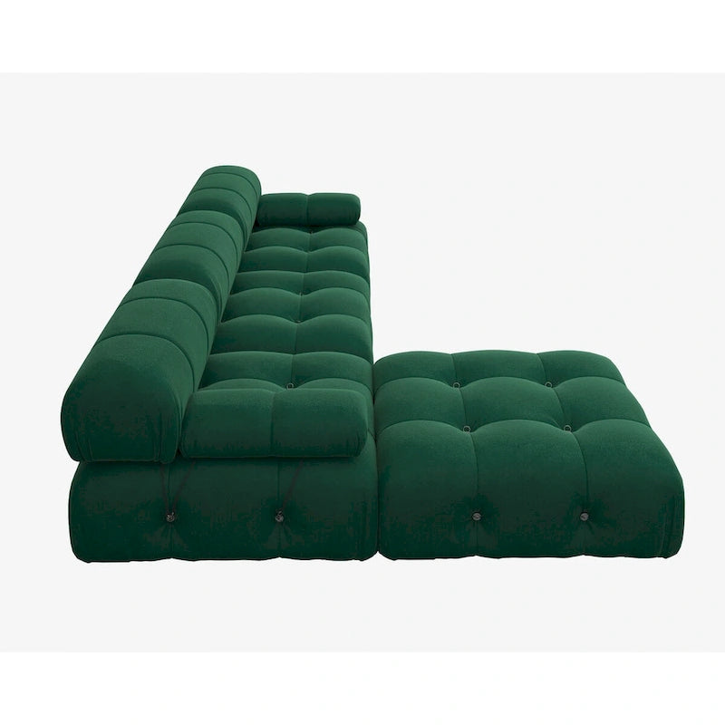 Canapé d'angle 104 places, Canapé minimaliste en velours avec méridienne réversible et pouf.