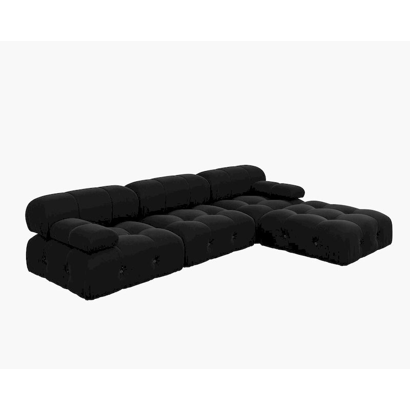 Canapé d'angle 104 places, Canapé minimaliste en velours avec méridienne réversible et pouf.