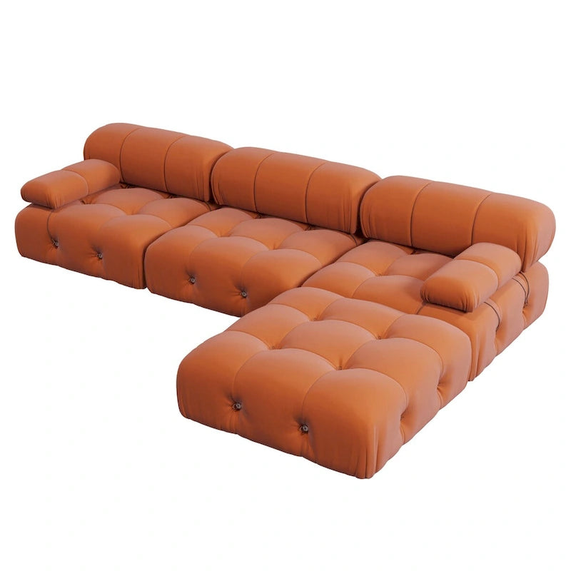 Canapé d'angle 104 places, Canapé minimaliste en velours avec méridienne réversible et pouf.