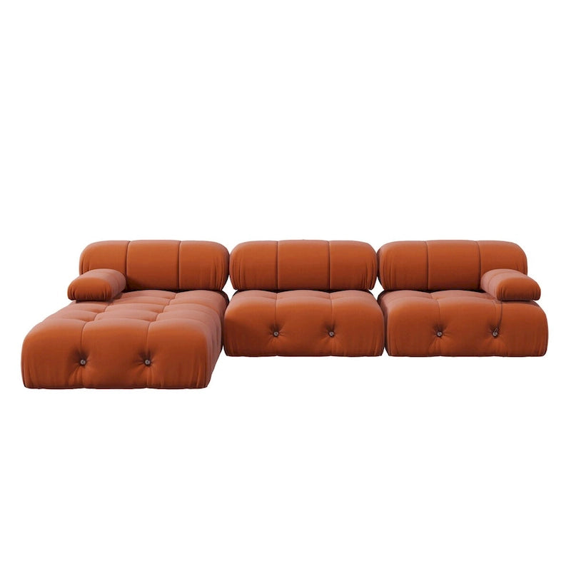 Canapé d'angle 104 places, Canapé minimaliste en velours avec méridienne réversible et pouf.