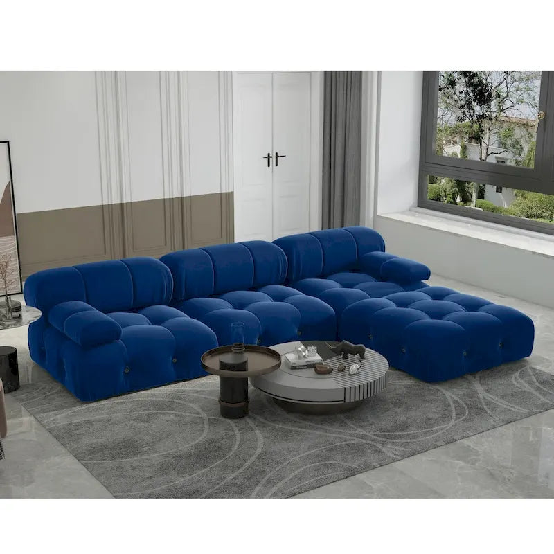 Canapé d'angle 104 places, Canapé minimaliste en velours avec méridienne réversible et pouf.