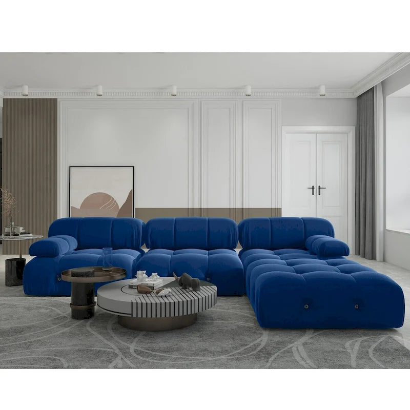 Canapé d'angle 104 places, Canapé minimaliste en velours avec méridienne réversible et pouf.