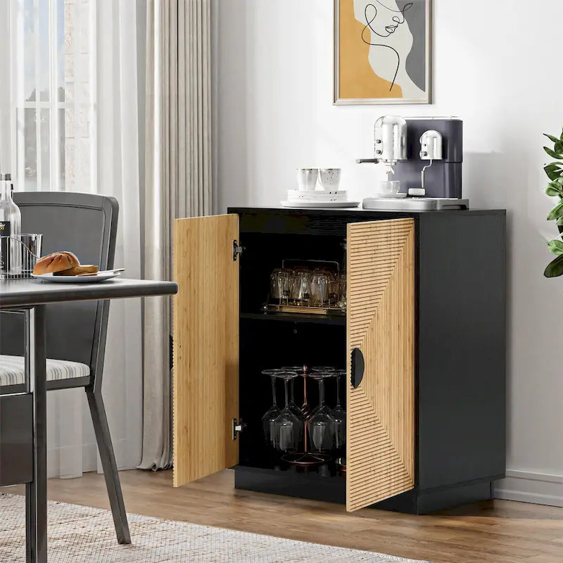 Armoire d'appoint bohème moderne noire à 2 portes avec lattes en bambou – 33,9 H x 31,5 L x 15,7 P
