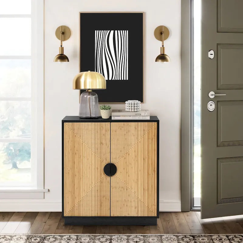 Armoire d'appoint bohème moderne noire à 2 portes avec lattes en bambou – 33,9 H x 31,5 L x 15,7 P