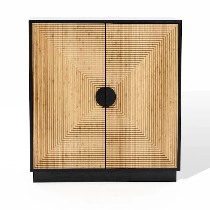 Armoire d'appoint bohème moderne noire à 2 portes avec lattes en bambou – 33,9 H x 31,5 L x 15,7 P