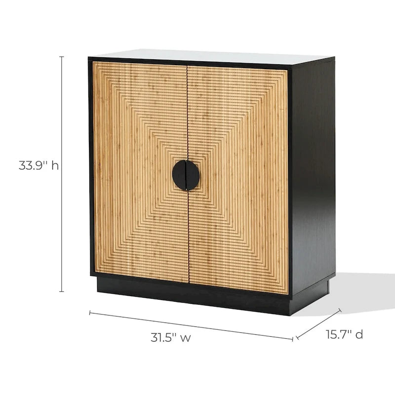 Armoire d'appoint bohème moderne noire à 2 portes avec lattes en bambou – 33,9 H x 31,5 L x 15,7 P