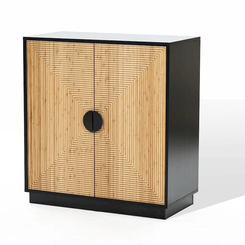 Armoire d'appoint bohème moderne noire à 2 portes avec lattes en bambou – 33,9 H x 31,5 L x 15,7 P