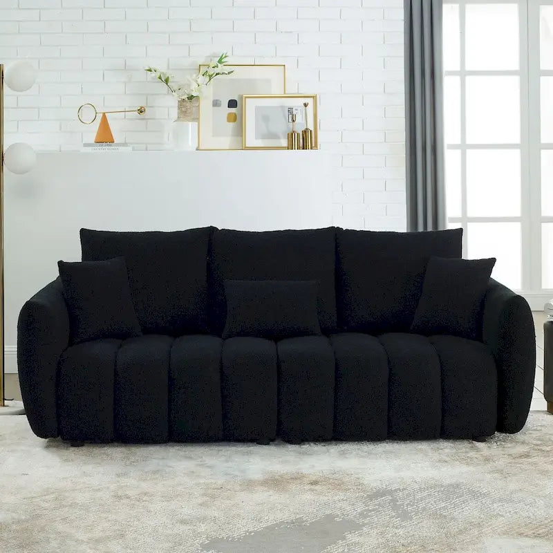 Canapé en tissu Teddy de 208 cm avec 3 coussins de dossier et 3 coussins de siège, cadre en bois massif