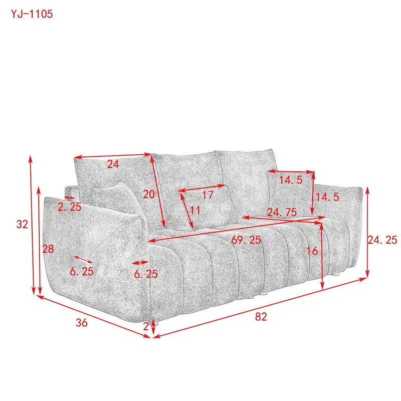 Canapé en tissu Teddy de 208 cm avec 3 coussins de dossier et 3 coussins de siège, cadre en bois massif