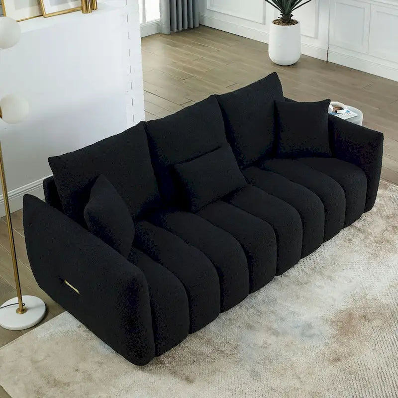 Canapé en tissu Teddy de 208 cm avec 3 coussins de dossier et 3 coussins de siège, cadre en bois massif