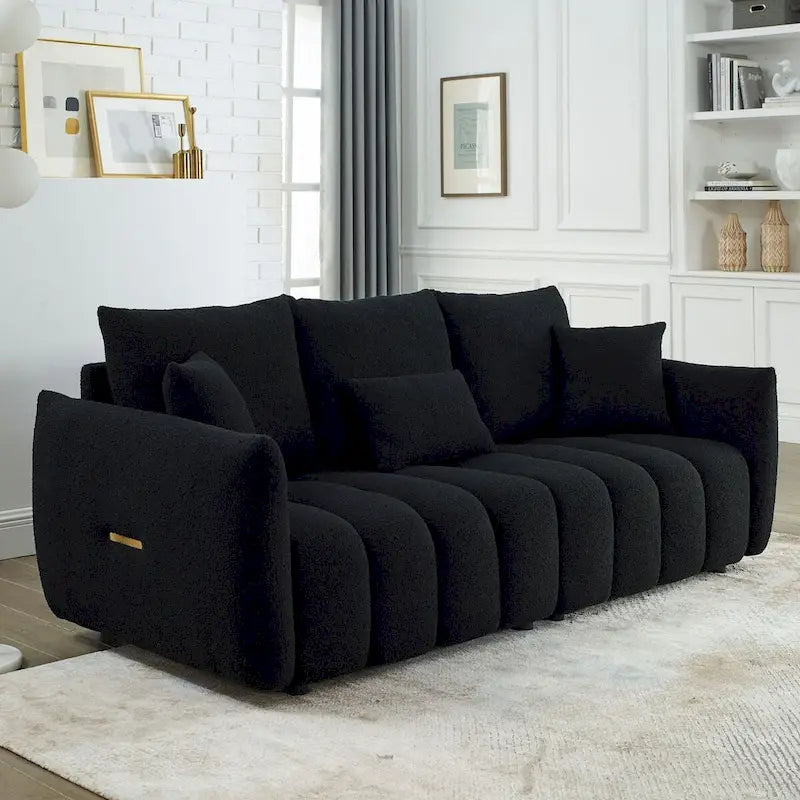 Canapé en tissu Teddy de 208 cm avec 3 coussins de dossier et 3 coussins de siège, cadre en bois massif