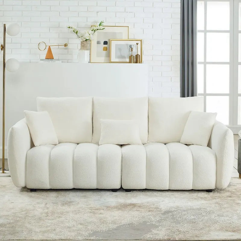Canapé en tissu Teddy de 208 cm avec 3 coussins de dossier et 3 coussins de siège, cadre en bois massif
