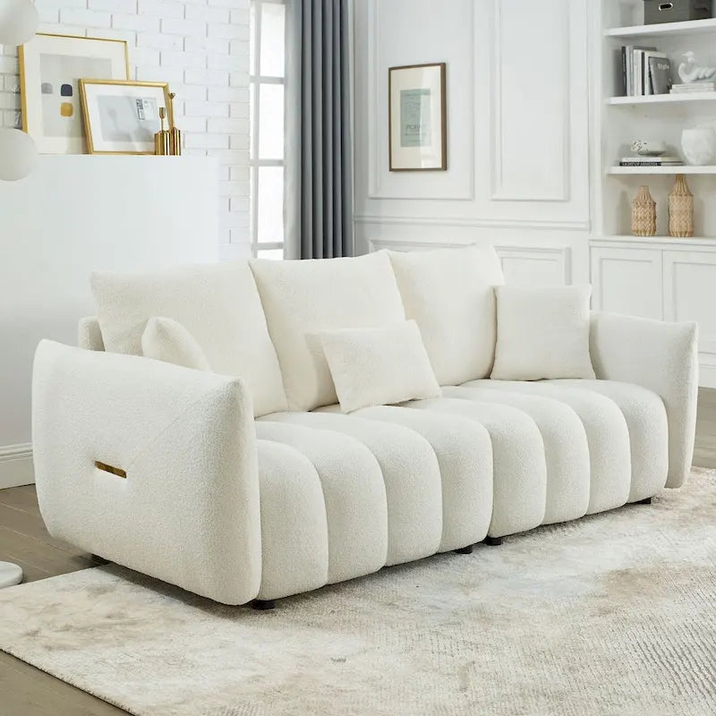 Canapé en tissu Teddy de 208 cm avec 3 coussins de dossier et 3 coussins de siège, cadre en bois massif