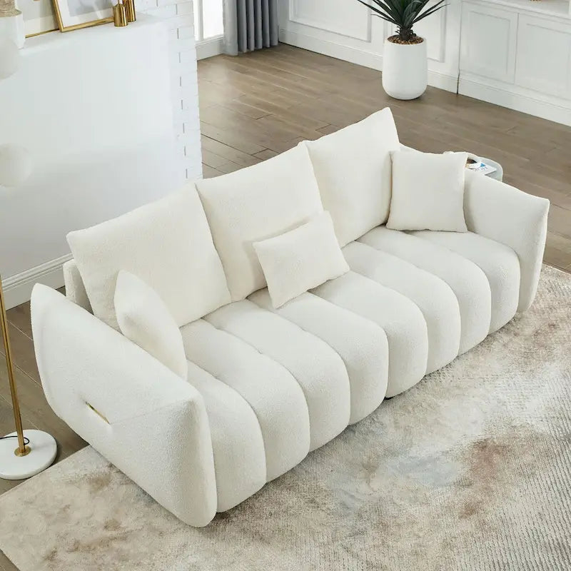 Canapé en tissu Teddy de 208 cm avec 3 coussins de dossier et 3 coussins de siège, cadre en bois massif