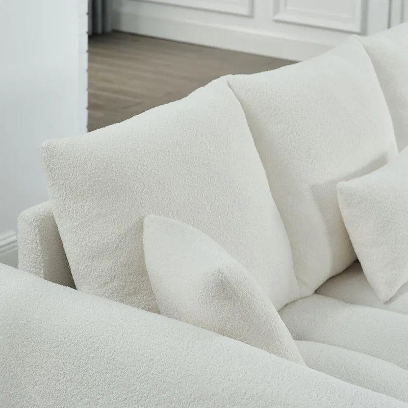 Canapé en tissu Teddy de 208 cm avec 3 coussins de dossier et 3 coussins de siège, cadre en bois massif