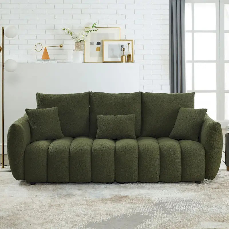 Canapé en tissu Teddy de 208 cm avec 3 coussins de dossier et 3 coussins de siège, cadre en bois massif