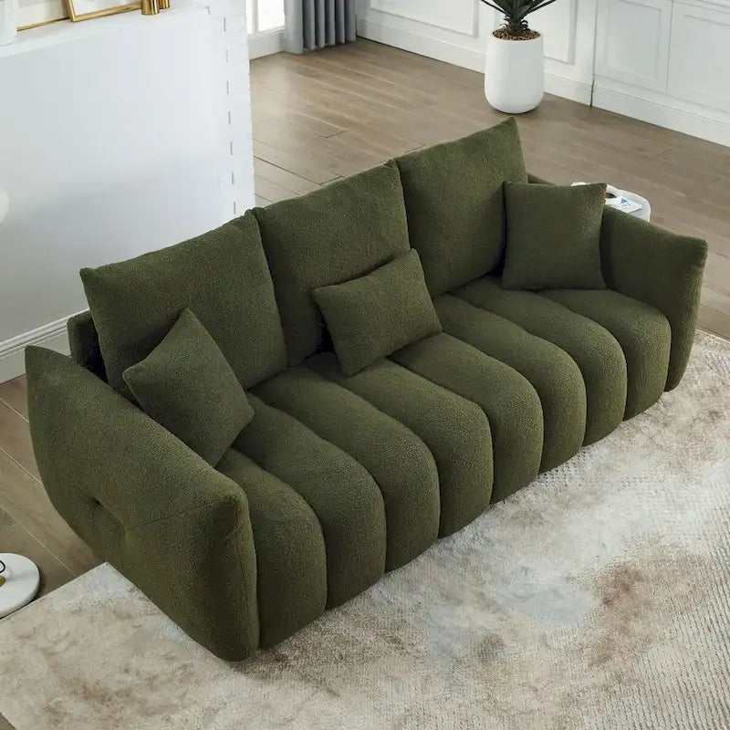 Canapé en tissu Teddy de 208 cm avec 3 coussins de dossier et 3 coussins de siège, cadre en bois massif
