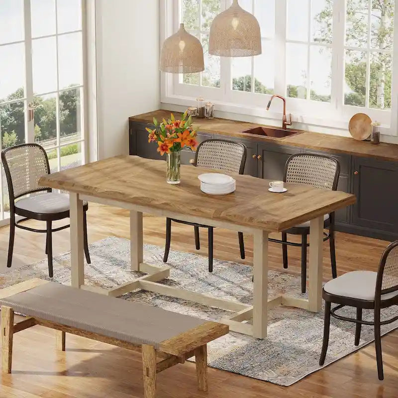 Table à manger rectangulaire de 158 cm avec pieds en bois massif pour cuisine